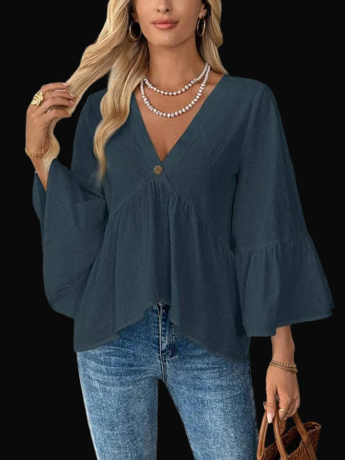 Cotton V-Neck Ruffle Sleeve Top Flowy Loose Blouse