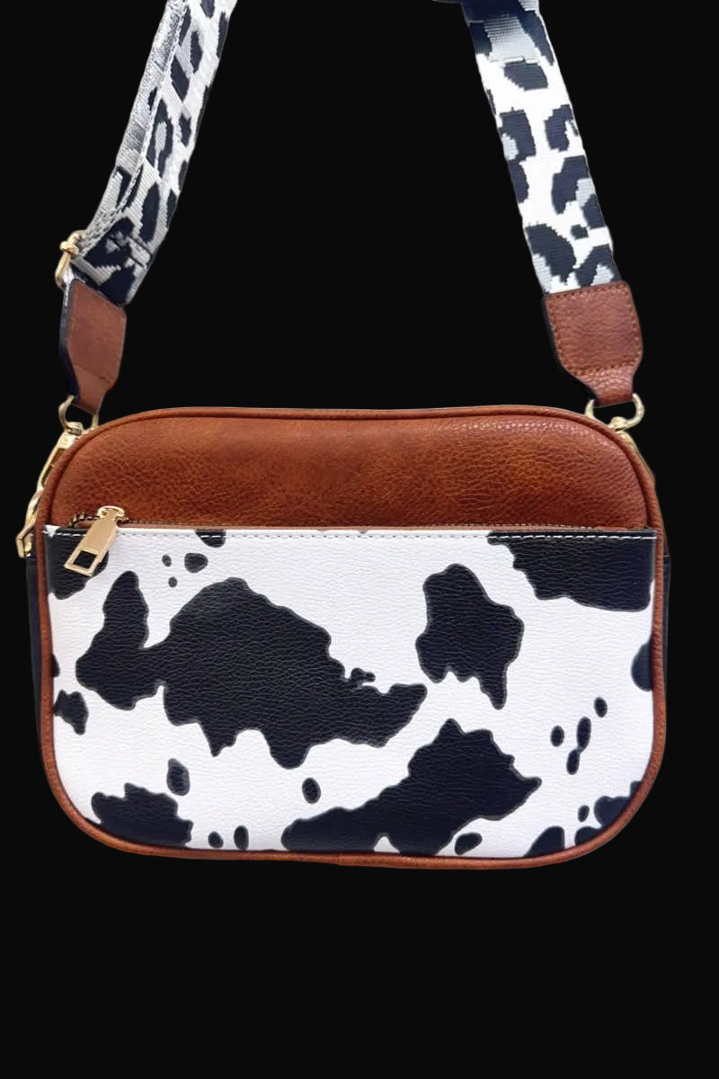 Cow Print Crossbody Sling Bag with Coin Purse: White