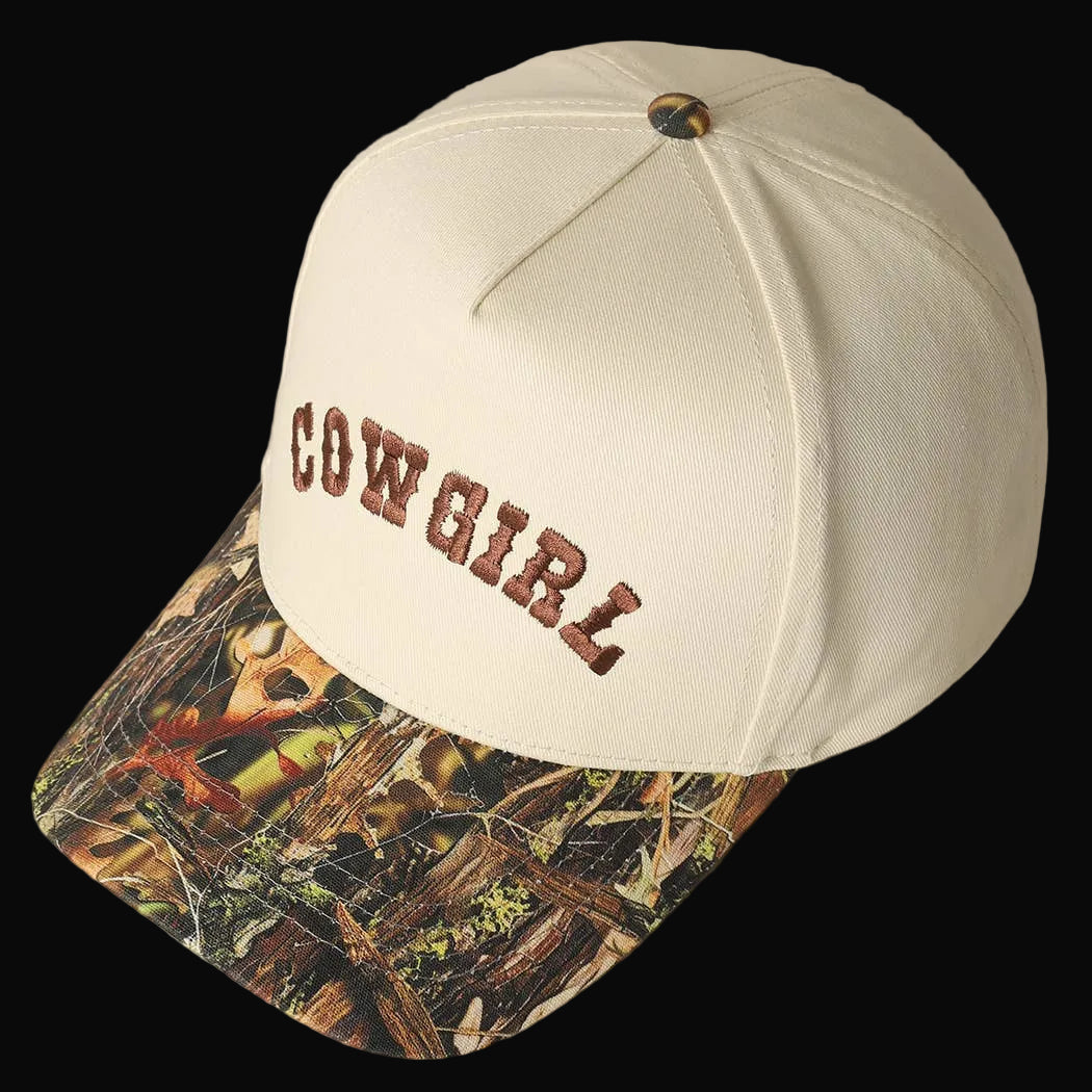 COWGIRL Lettering Embroidery Camo Two-Tone Cap: CAMO-BROWN / ONE SIZE