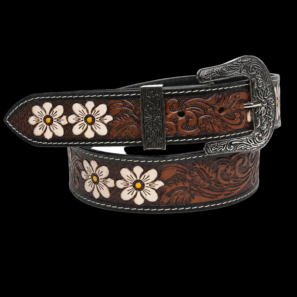 Leather Impressions Tooled Leather Belt with White Floral Accent