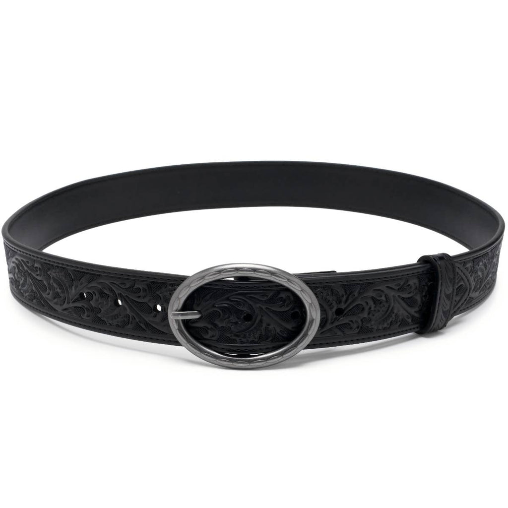Floral Tooled Leather Western Belt with Antique Silver Buckle: Black