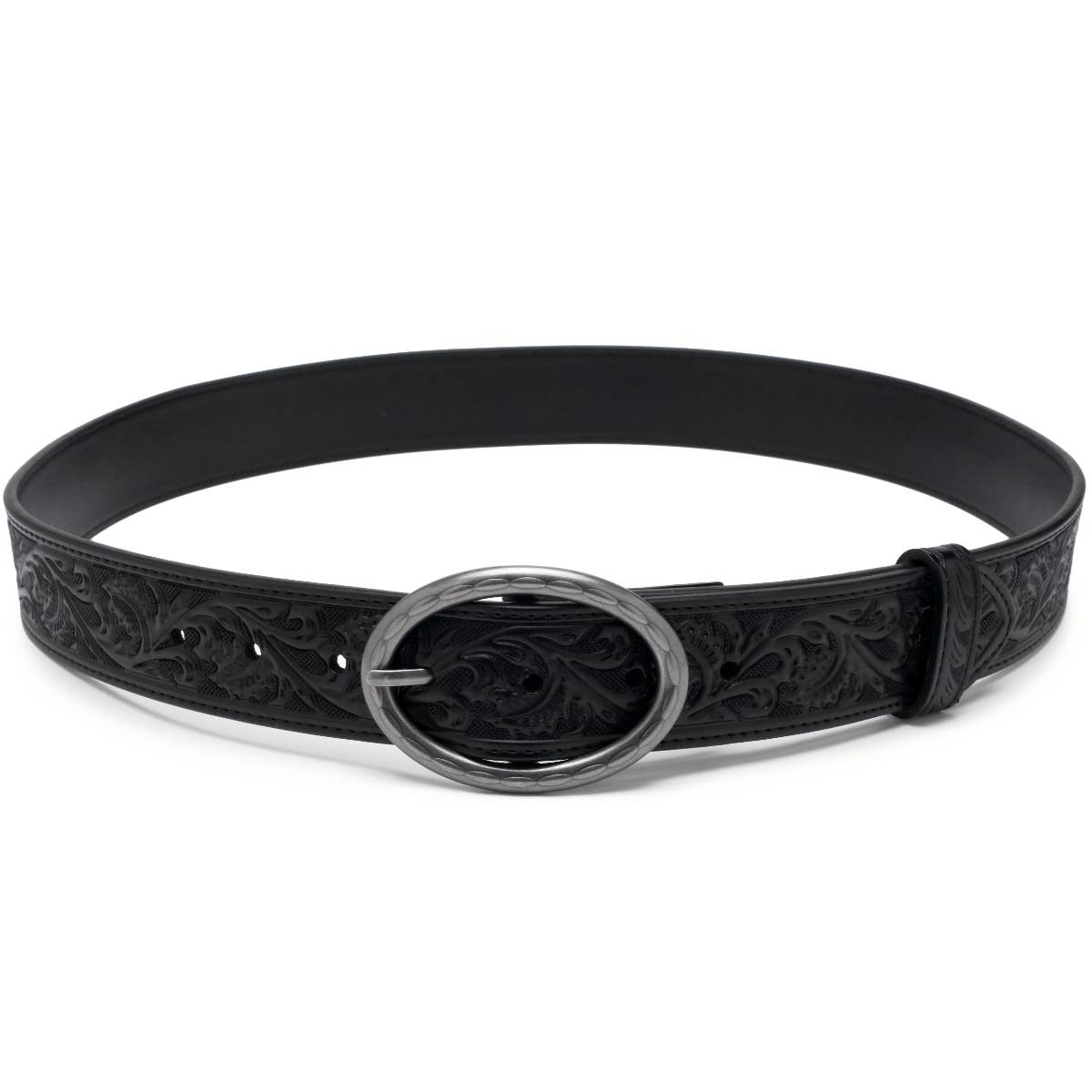Floral Tooled Leather Western Belt with Antique Silver Buckle: Black