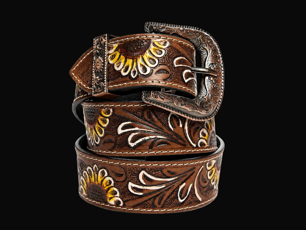 Leather Impressions Brown Tooled Leather Belt with Sunflower Detail