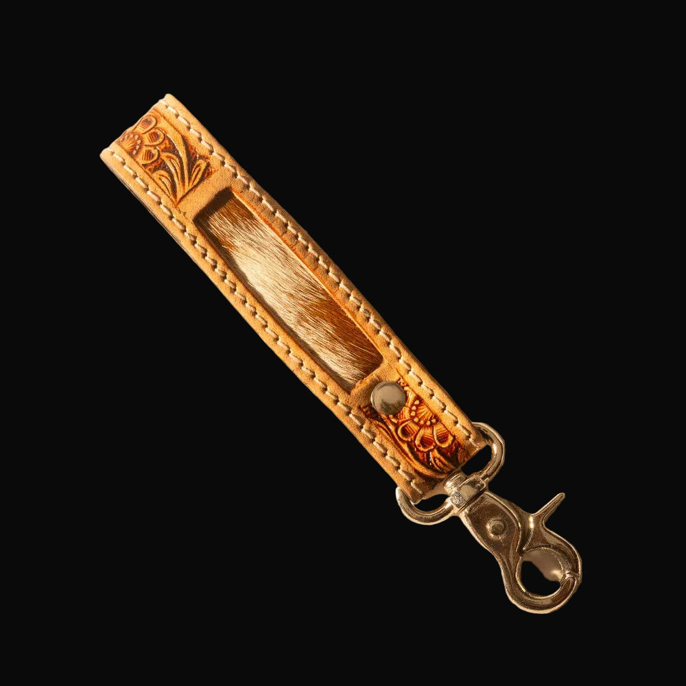 Hide Inlay Western Key Fob in Crème With Floral Detail