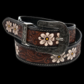 Leather Impressions Tooled Leather Belt with White Floral Accent